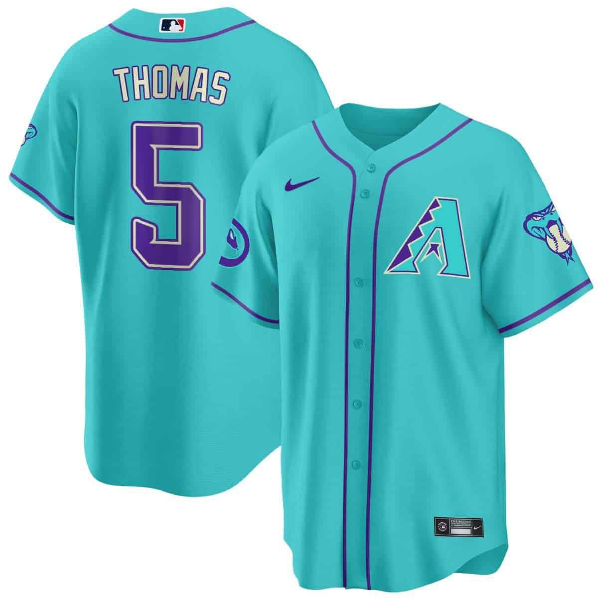 Men Arizona Diamondback #5 Thomas Light Blue Nike 2024 Teal Purple MLB Jersey style 2